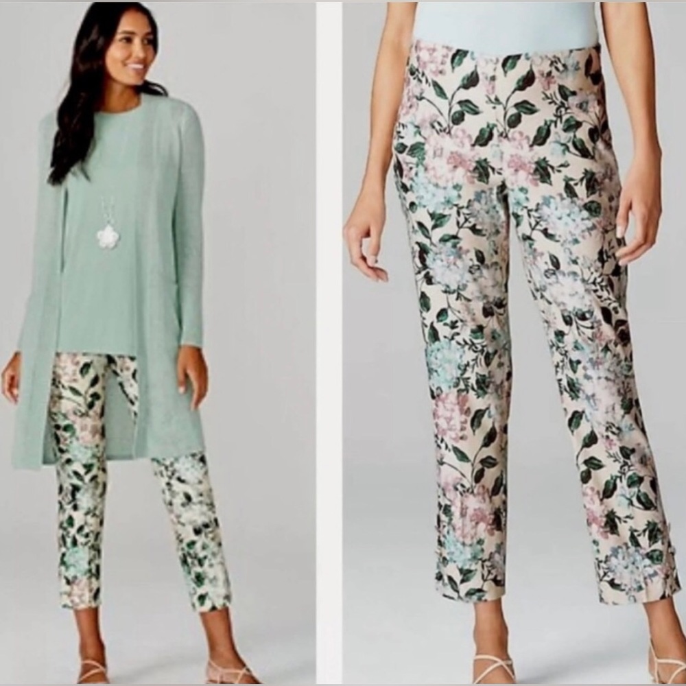 J. Jill Green Floral Linen Blend Cropped Pants Womens Size MP Preppy Cruise Boho